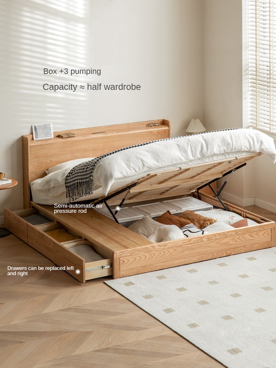 Oak Solid Wood Drawer Storage Bed with Sockets Box Bed