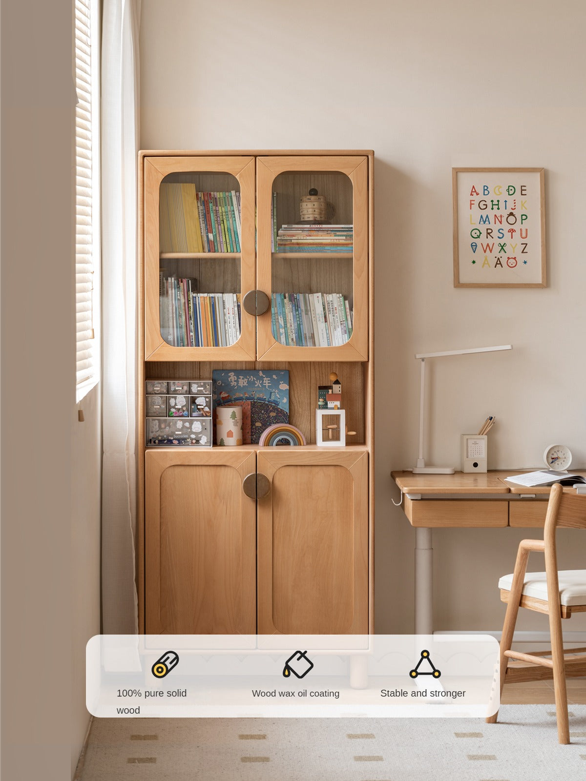 Beech Solid Wood Bookcase Study Bookshelf Cabinet Combination