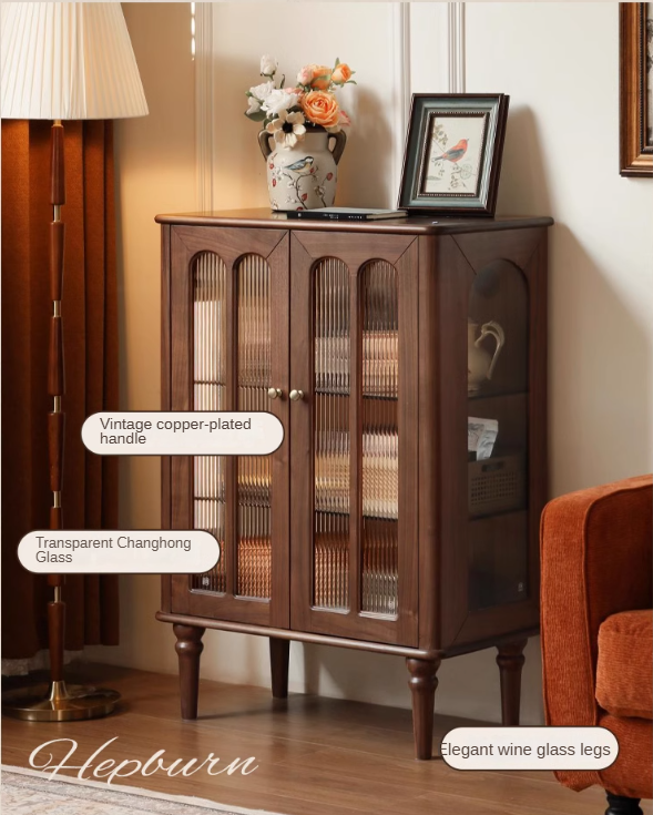 Black Walnut Solid Wood Retro Side Cabinet.