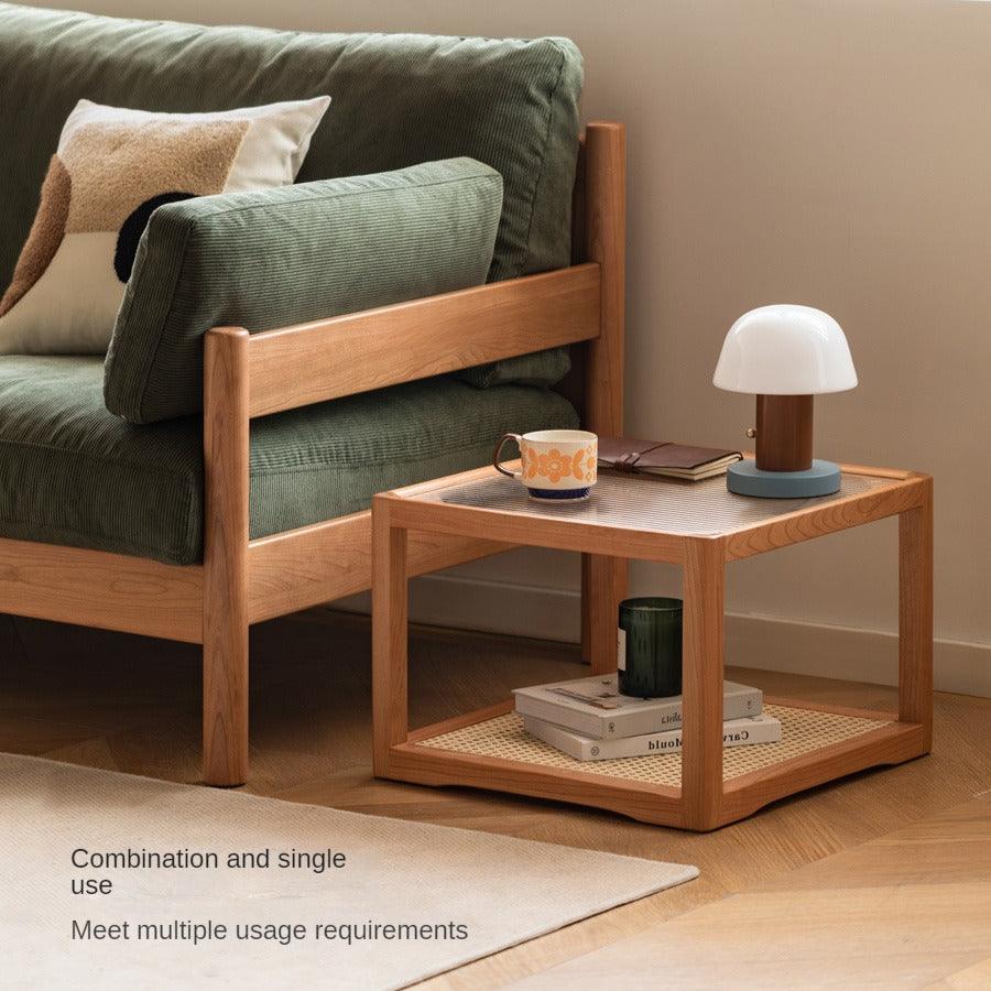 Cherry Solid Wood Square Retro Rattan Coffee Table