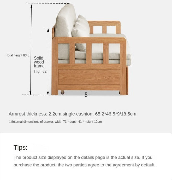 Oak Solid Wood Sofa Bed Folding Retractable Storage.