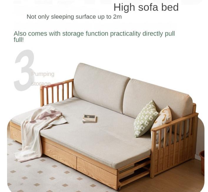 Oak Solid Wood Sitting and Sleeping Dual-purpose Storage Sofa.