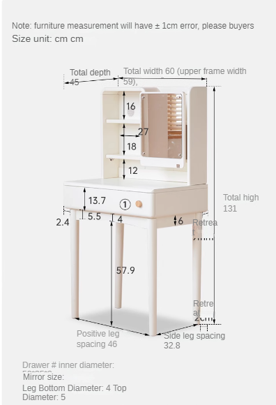 Solid Rubberwood Cream Style Dressing Table With Makeup Mirror.