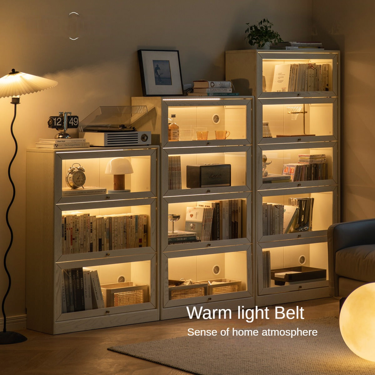 Oak Solid Wood Bookcase Cream Flip Door Glass Display Cabinet