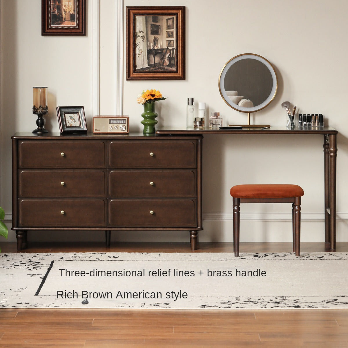 Black Walnut, Poplar Solid Wood American Retro Retractable Dressing Table.