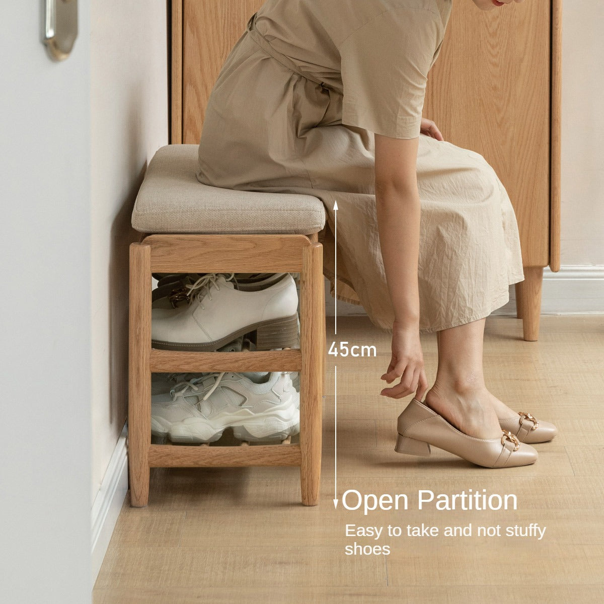 Oak Solid Wood, Solid Rubberwood Modern Shoe Changing Stool