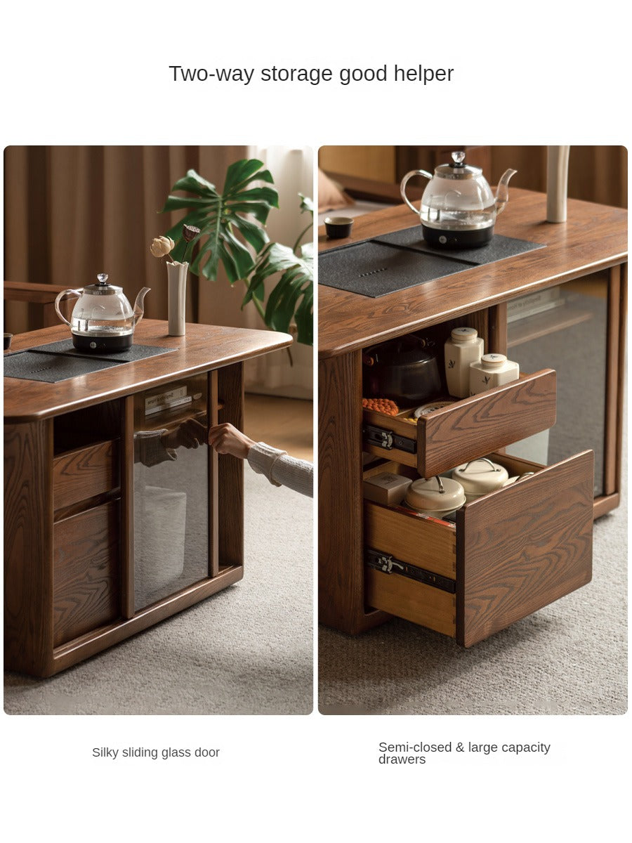 Ash Solid Wood Mobile Tea Brewing Integrated Tea Table