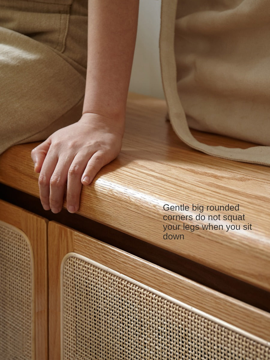 Oak Solid Wood Rattan Shoe Storage Bench
