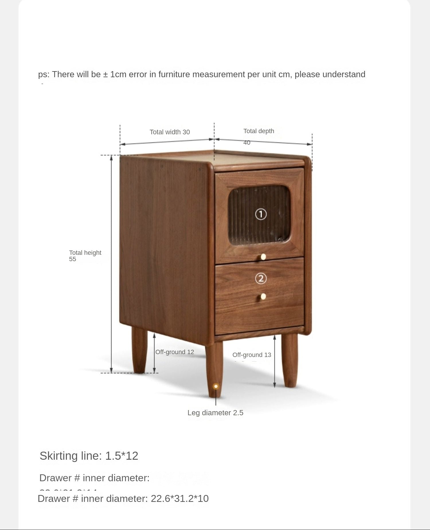 Black Walnut Solid Wood Fluted Glass Door Nightstand with Drawer