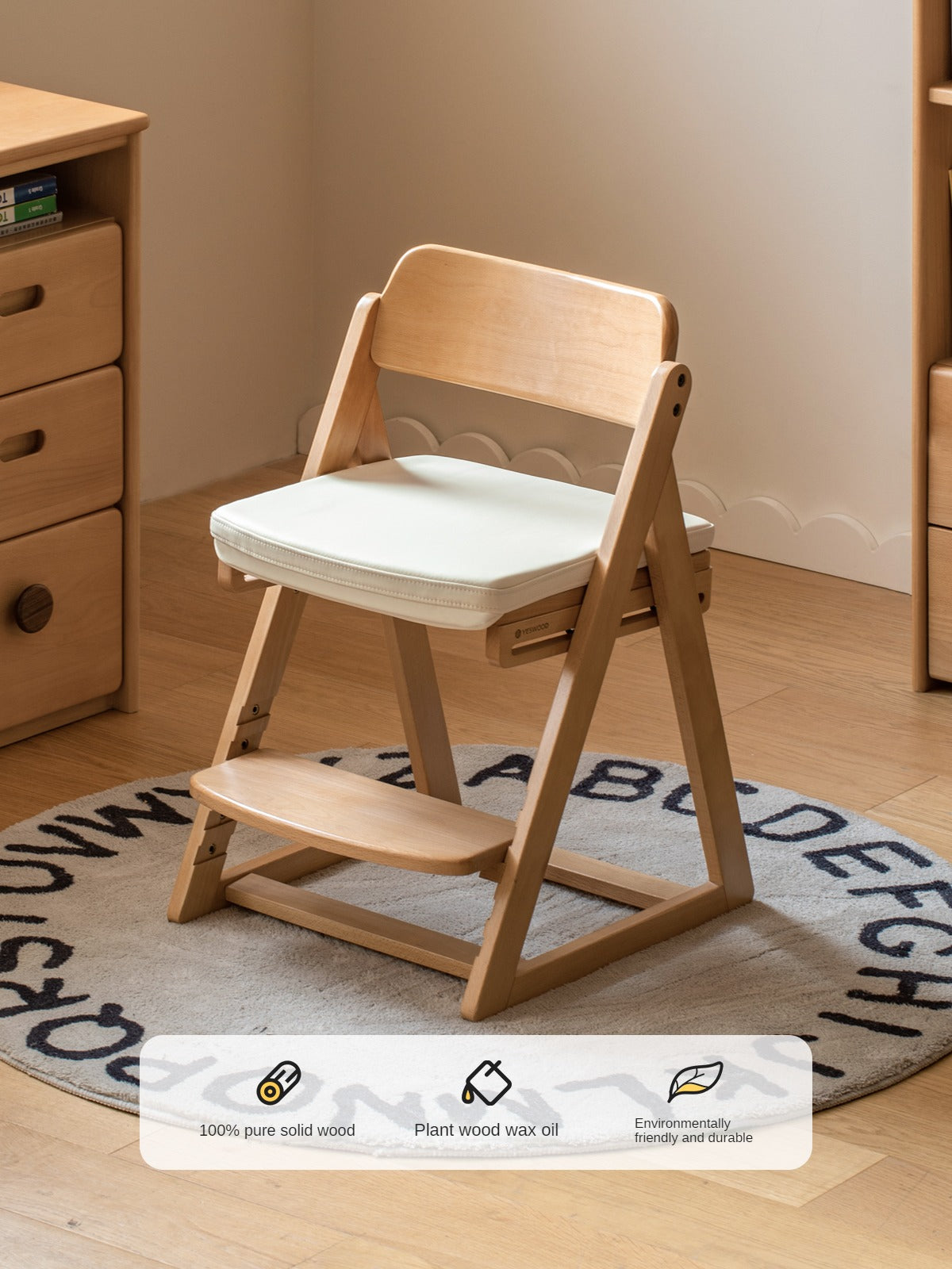 Beech Solid Wood Kid's Adjustable Elevating Chair.