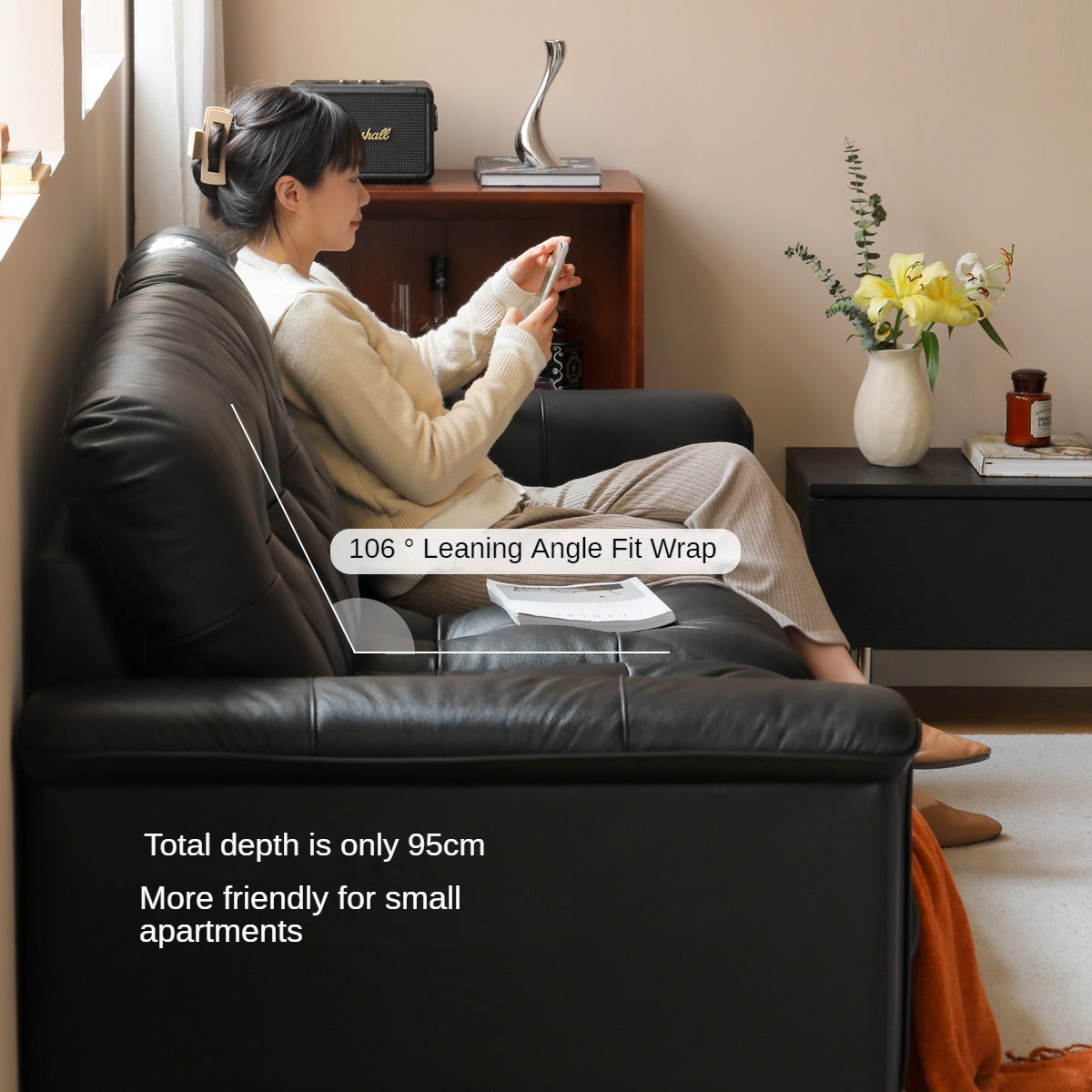 Leather Light Luxury Black Straight Sofa,