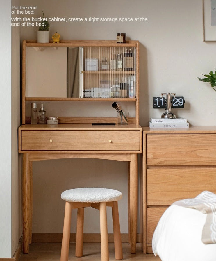 Oak Solid Wood, Solid Rubberwood Vanity Table Hidden Makeup Mirror.