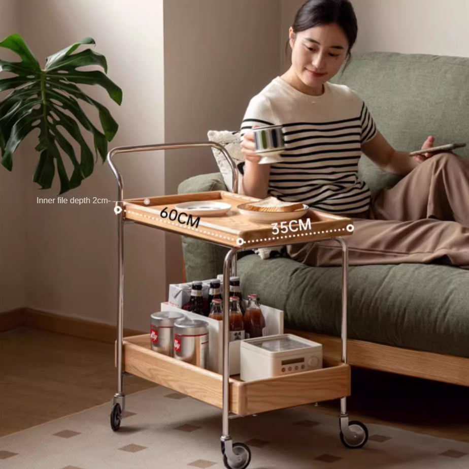 Oak, Poplar, Cherry Solid Wood Double Layer Mobile Side Table