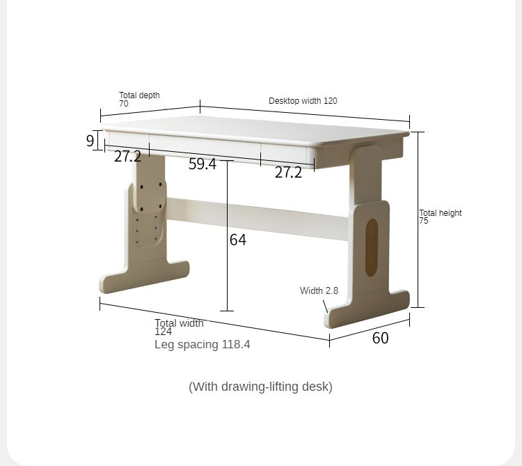 Beech Solid Wood Lift Study Desk Adjustable White Children's Desk
