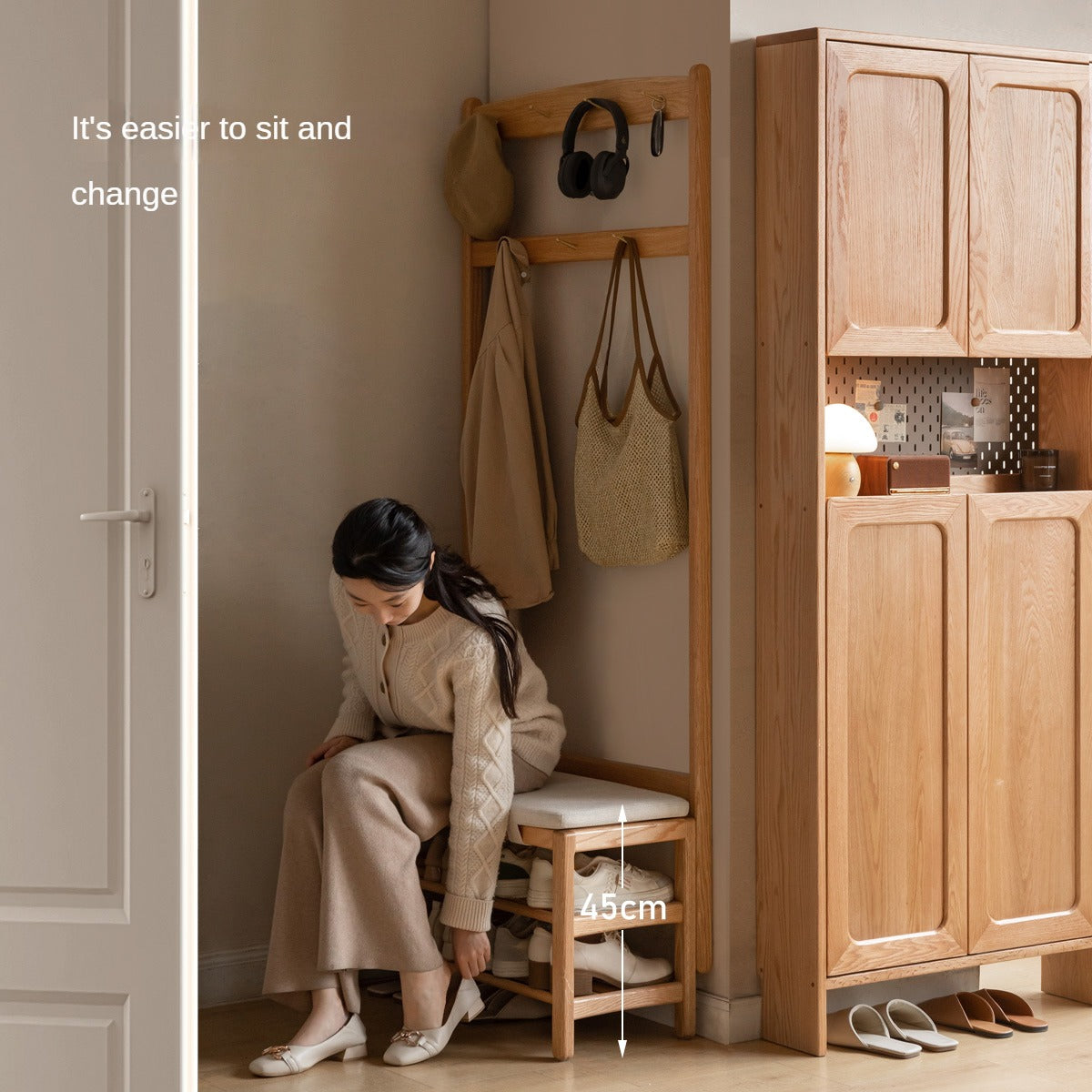 Oak, Beech Solid Wood Shoe Stool Hanger Entrance Partition