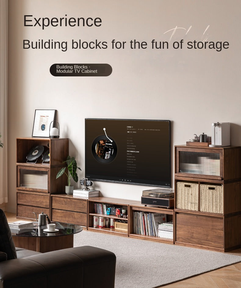 Black Walnut, Oak Solid Wood TV Cabinet Modern Module Combination Storage.