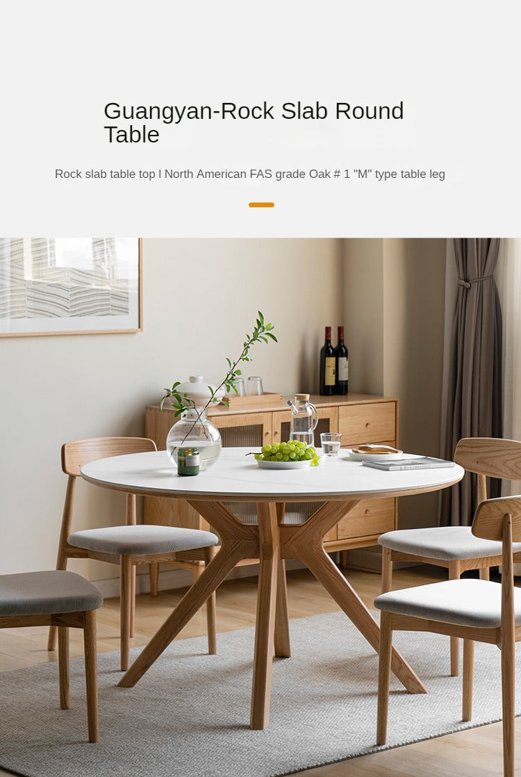 Oak Solid Wood Round Nordic Dining Table With Rock Slab Surface