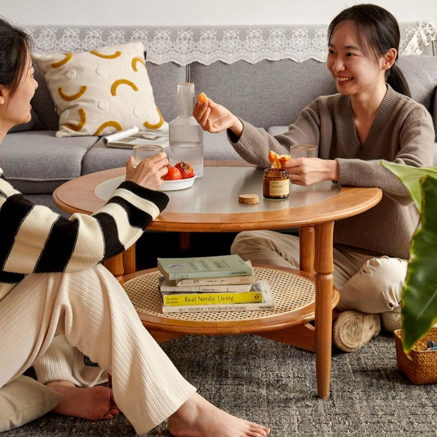 Cherry Wood Solid Wood Glass Round Coffee Table