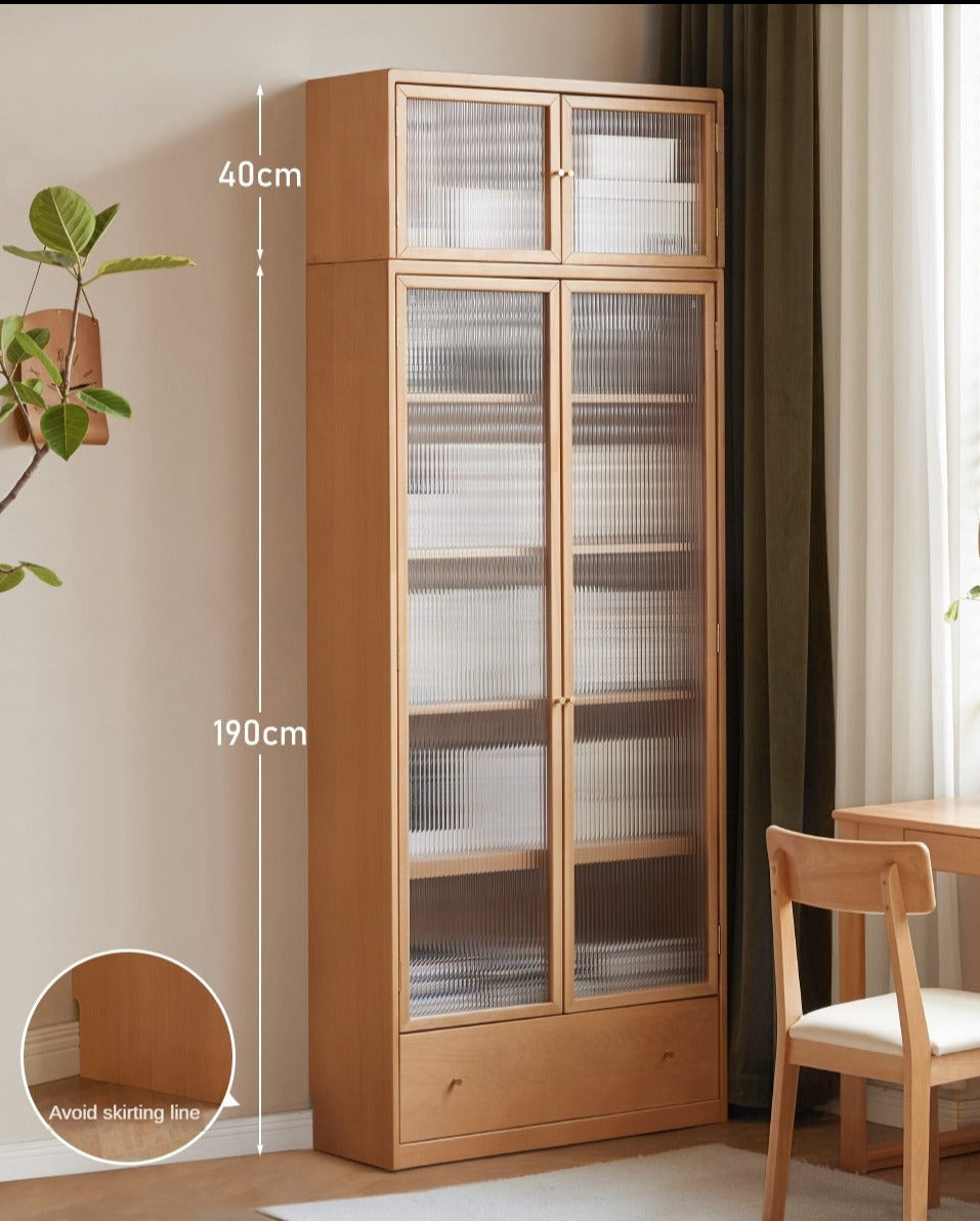 Beech European Solid Wood Bookshelf, Glass Door Storage Display Cabinet