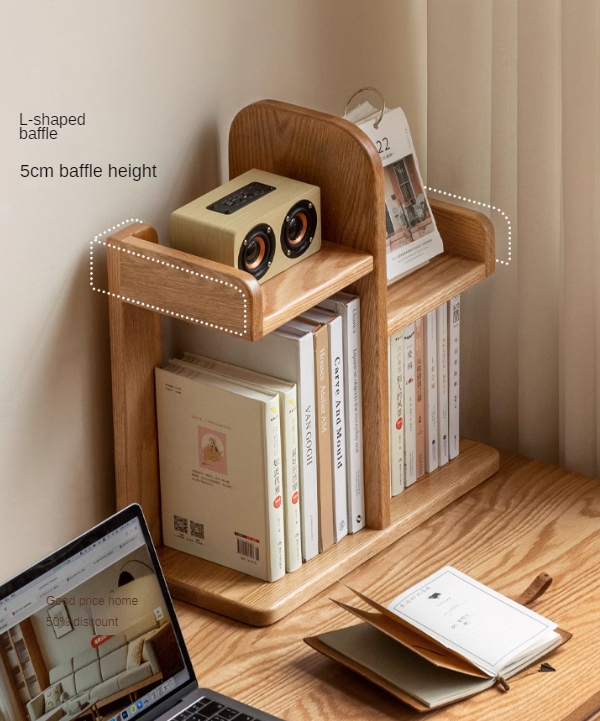 Oak, Solid RubberWood Desktop Multi-Layer Bookshelf