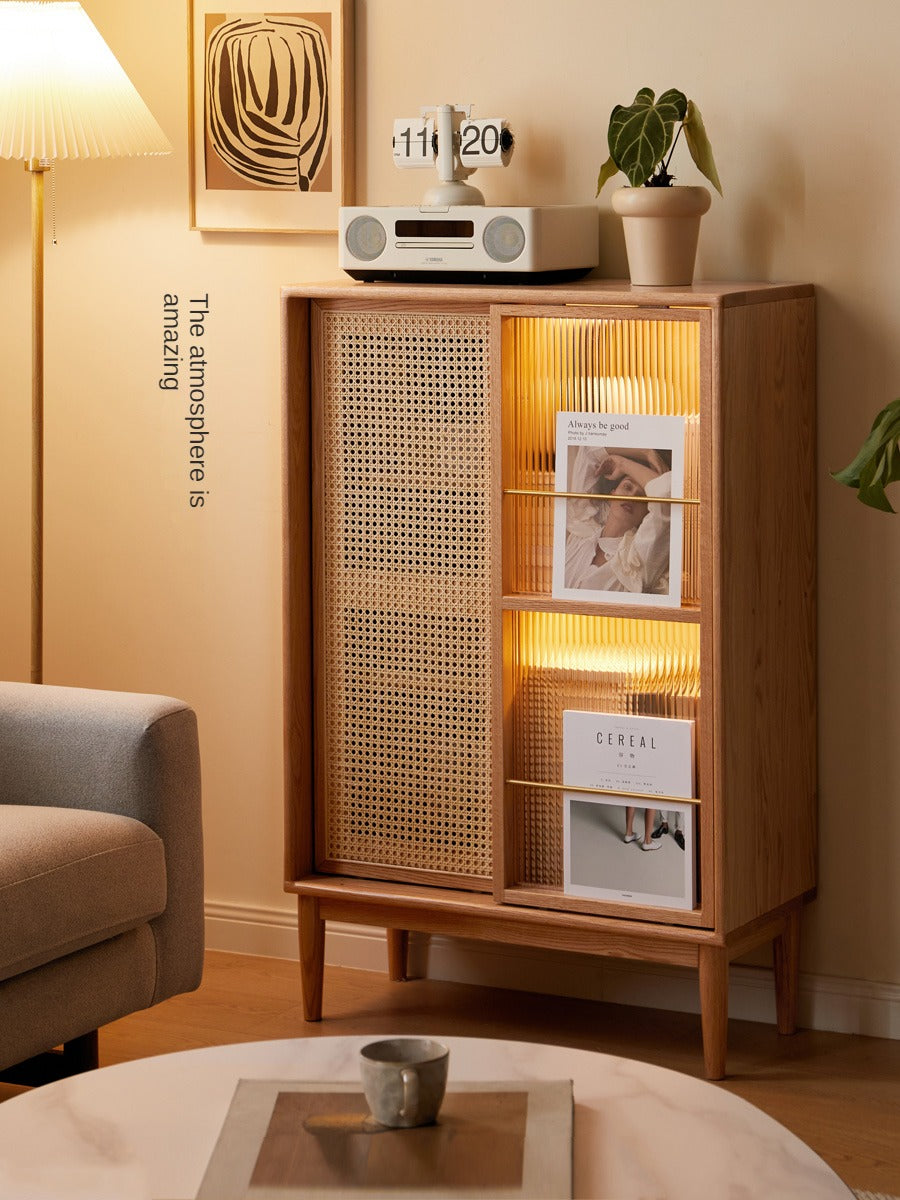 Oak Solid Wood Sliding Door Storage LED lights, Side Cabinet