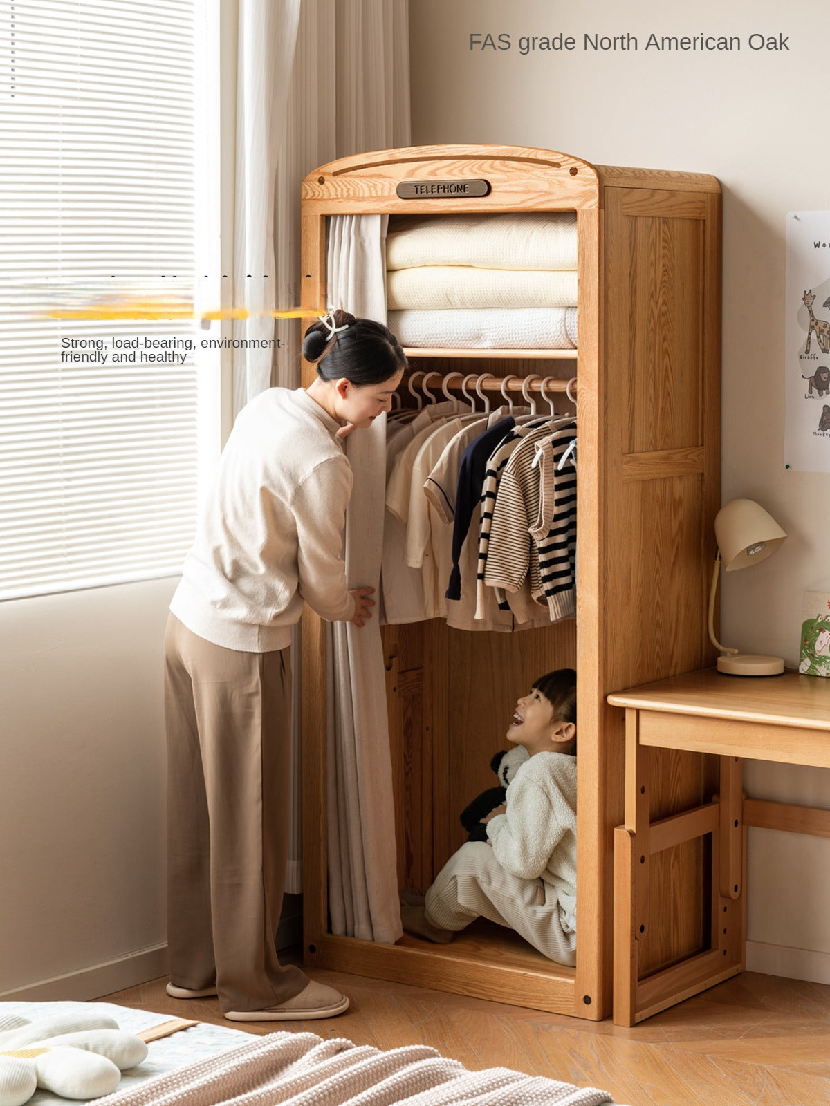 Oak Solid Wood, Solid Rubberwood Kids's Simple Wardrobe