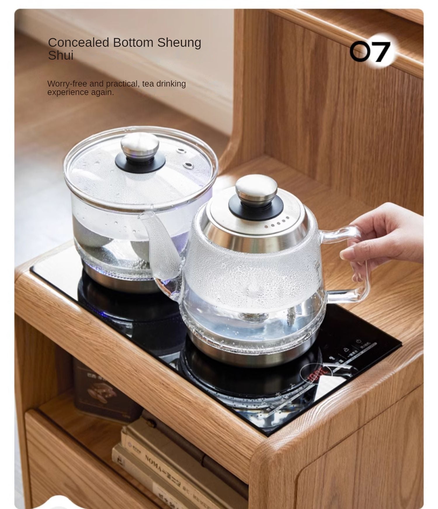 Oak, Black Walnut Solid Wood Movable Tea Cabinet With Tea Maker