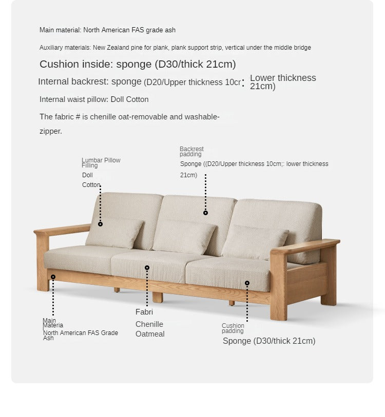 Ash solid Wood Modern Straight Sofa.