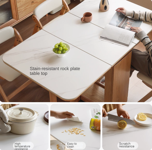 Solid Rubberwood, Oak Solid Wood Modern Rock Slab Folding Dining Table
