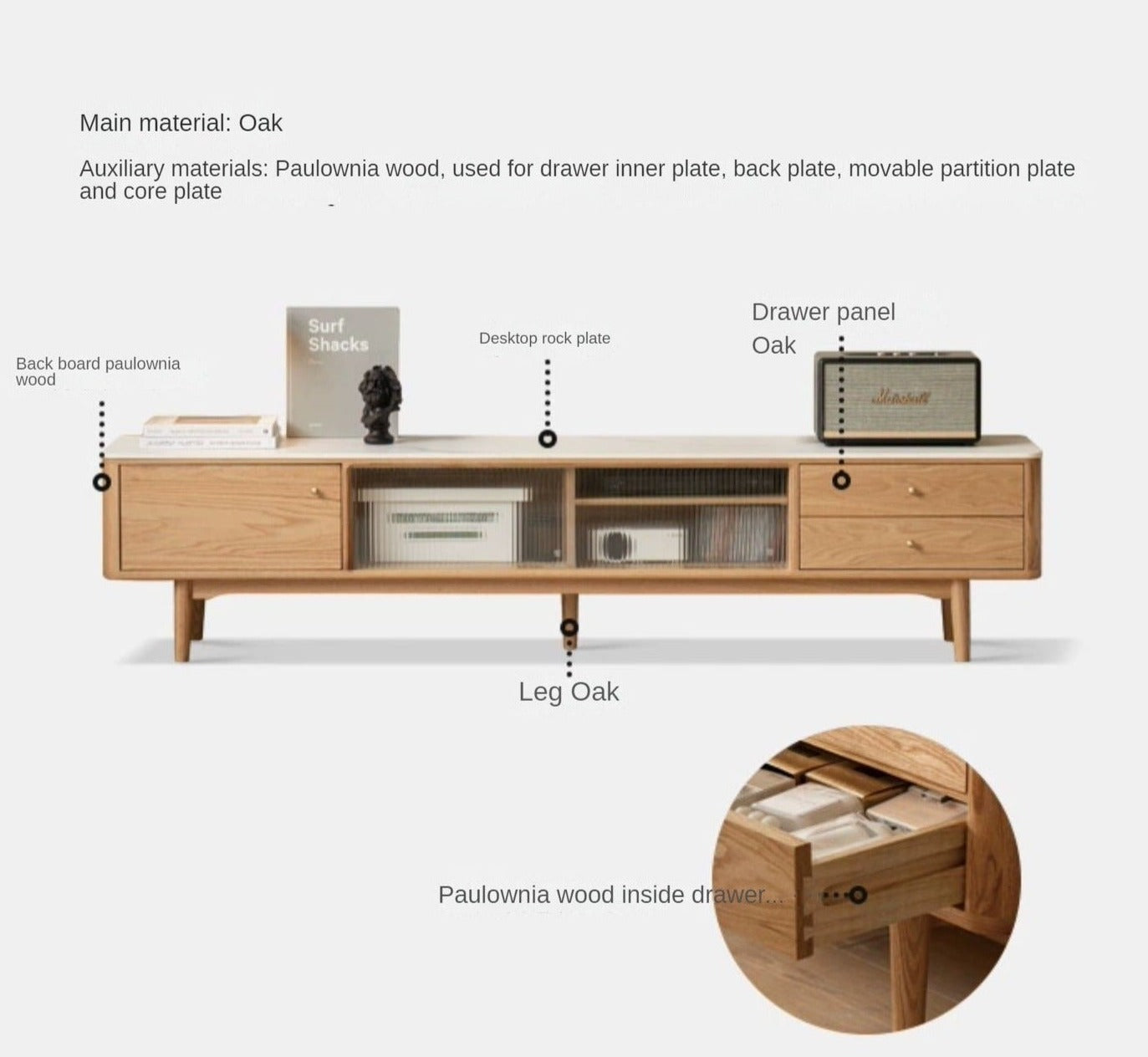Oak, Poplar, Beech Solid Wood Sliding Door TV Stand With Rock Slab Surface.