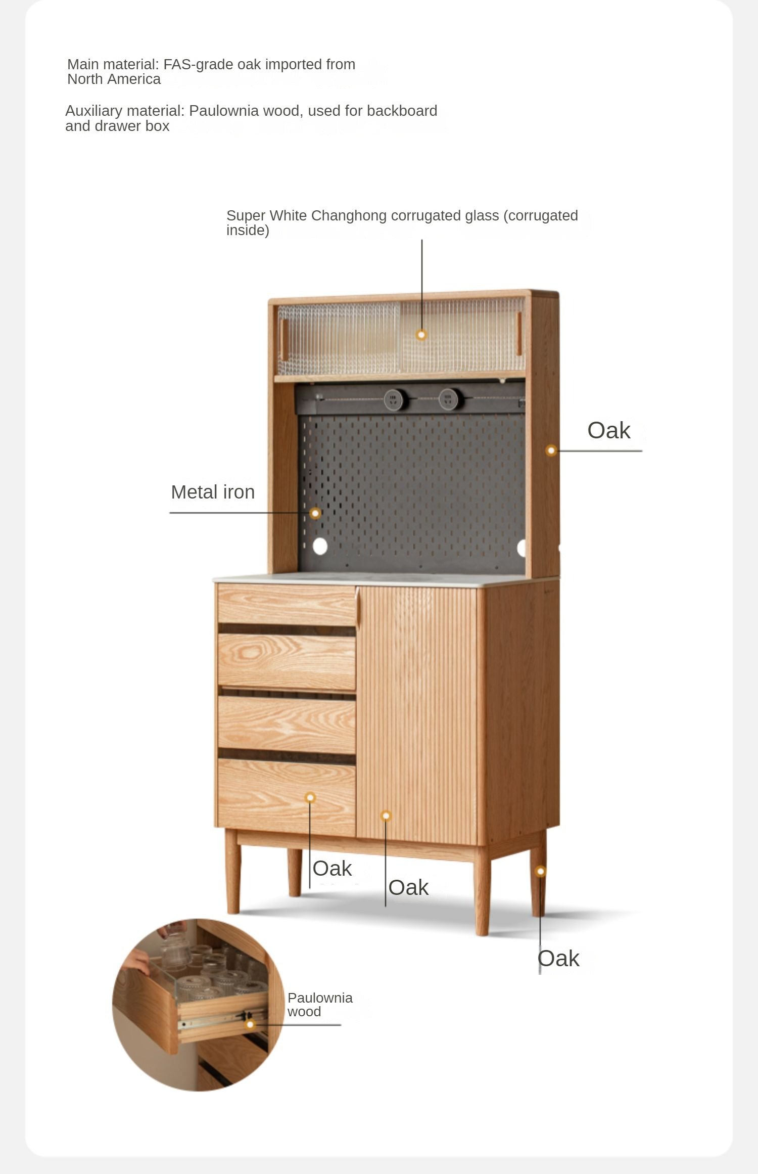 Oak Solid Wood Modern Rock Board Side High Tea Cabinet Buffet