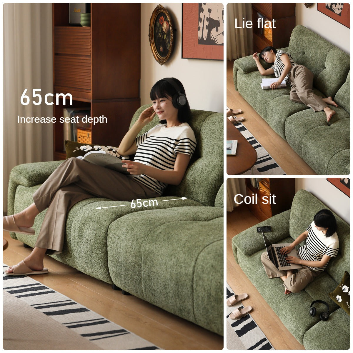Fabric Sofa Retro High Back Four-Person Straight Sofa