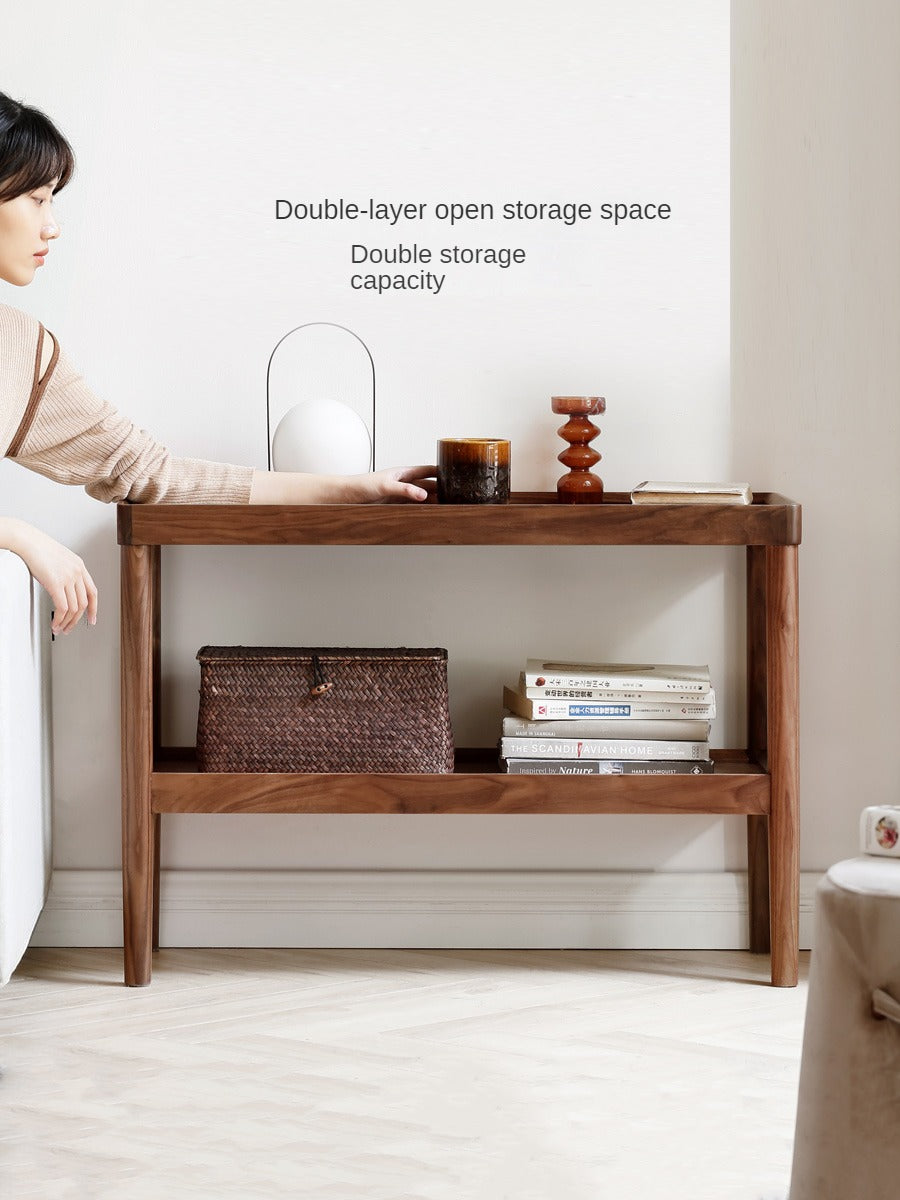 Black Walnut Solid Wood Side Table, Double Layer Storage Shelf