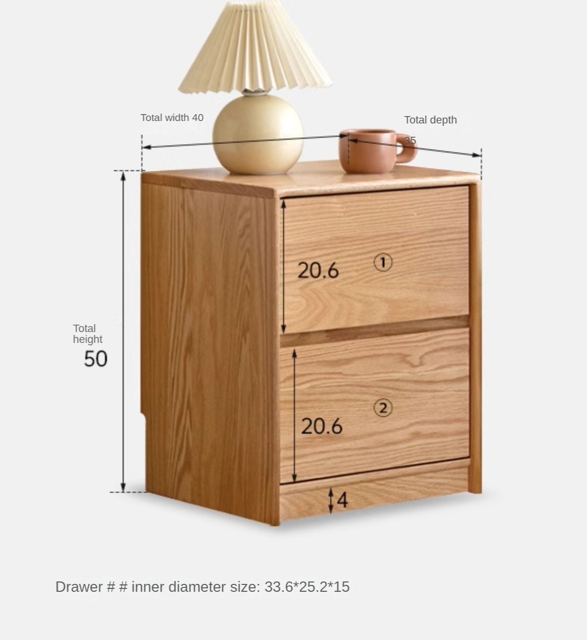 Oak Solid Wood, Solid Rubberwood Two Drawer Nightstand.