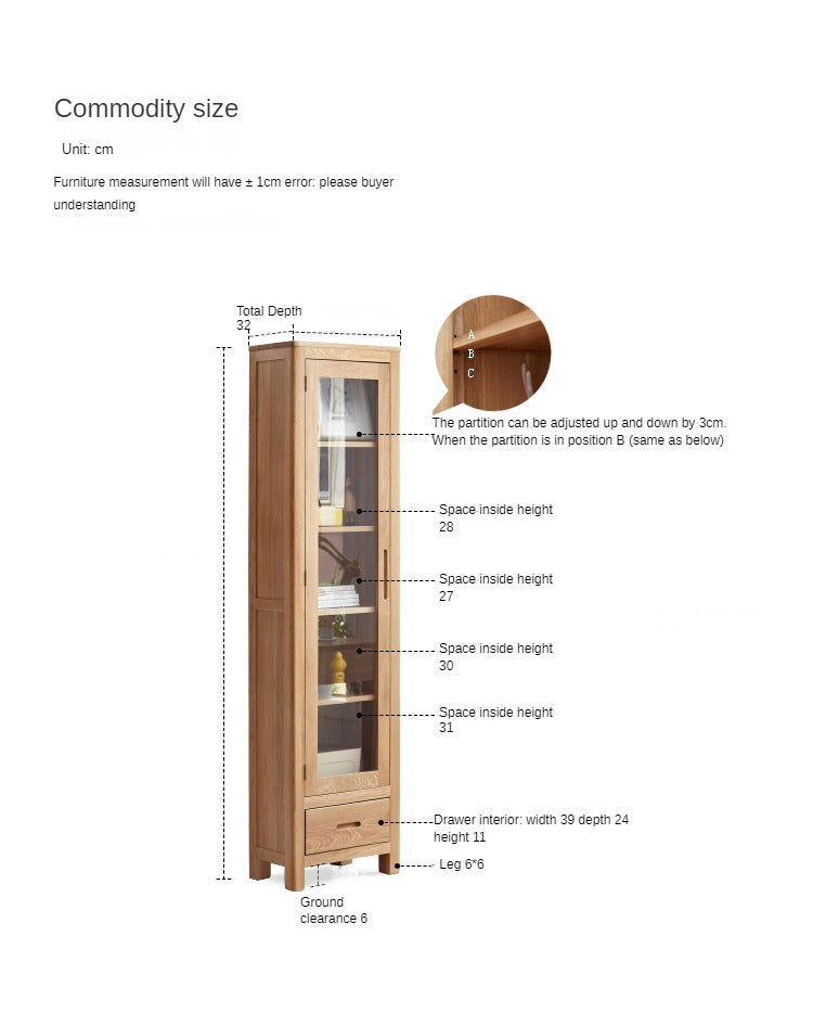 Oak Solid Wood Narrow Bookcase With Doors