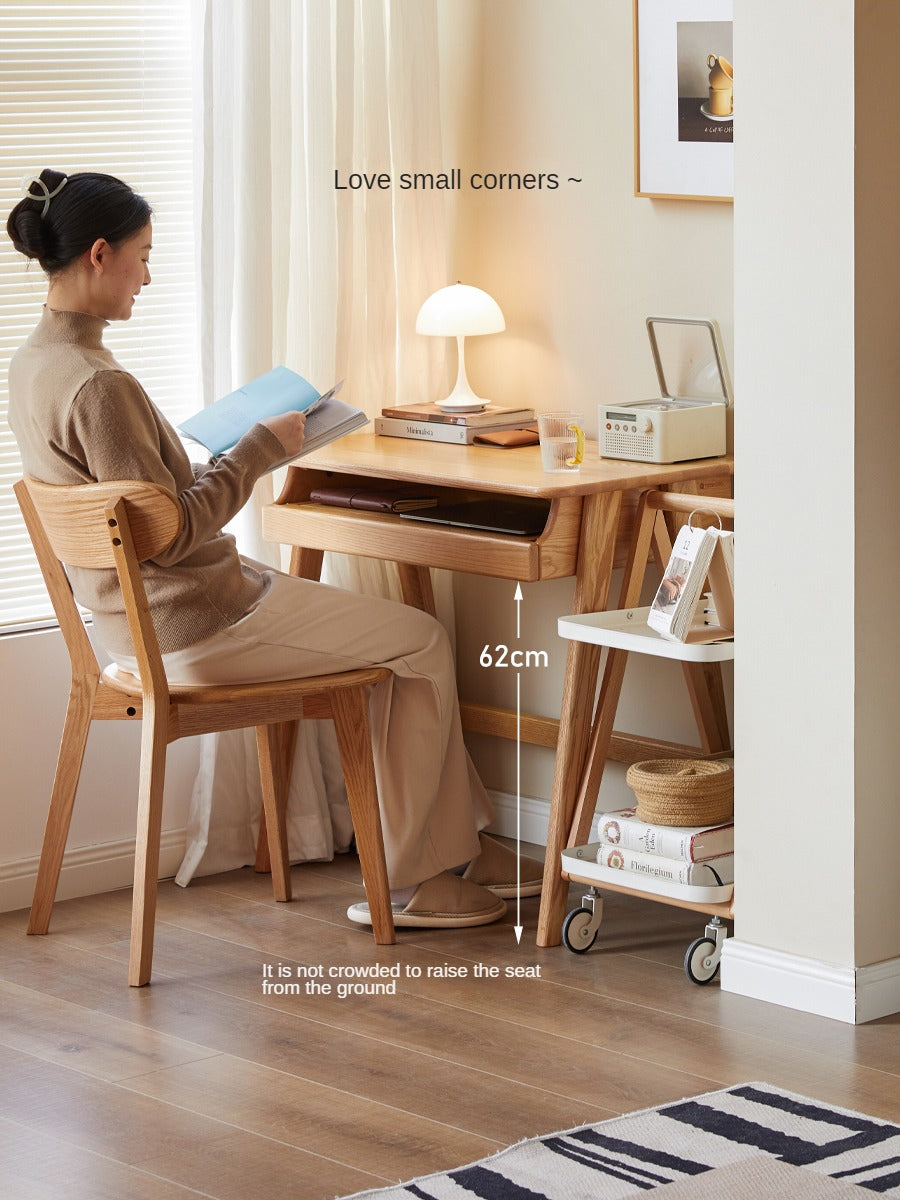 Oak, Solid Rubberwood Narrow Study Desk with Drawers