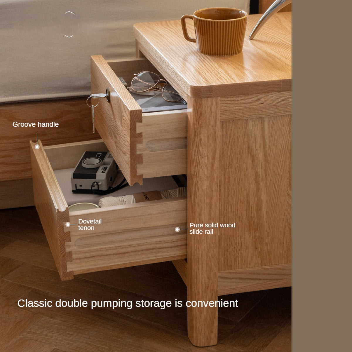 Oak Solid Wood, Solid Rubberwood Nightstand with Locker.