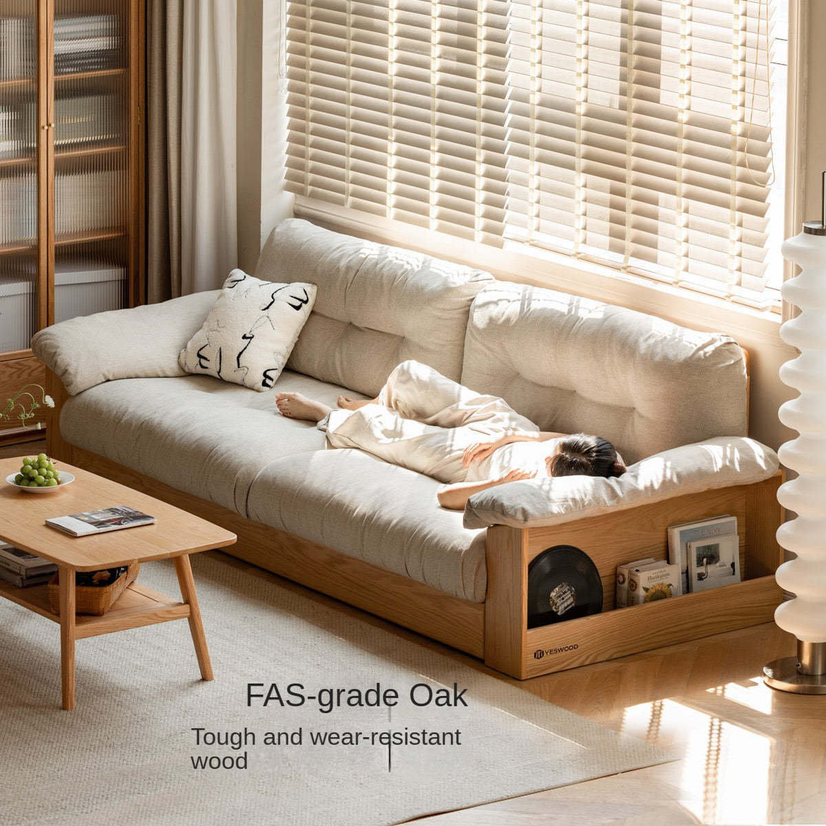 Oak Solid Wood Floor Storage Sofa, Goose Down.