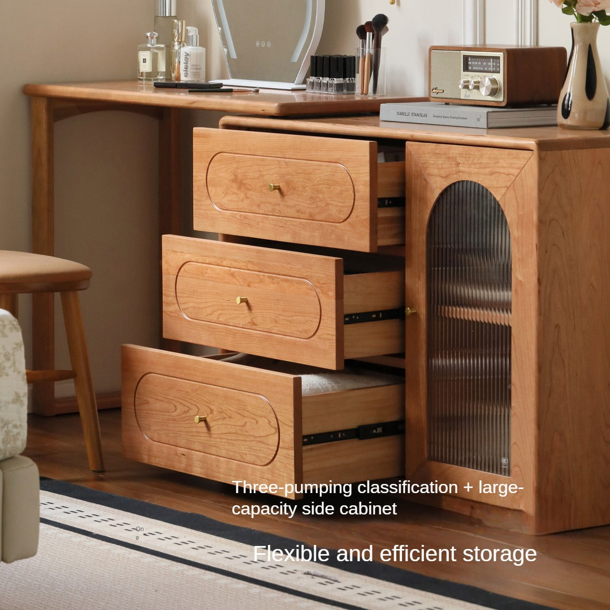 Cherry Solid Wood Retractable French Retro Dressing Table.