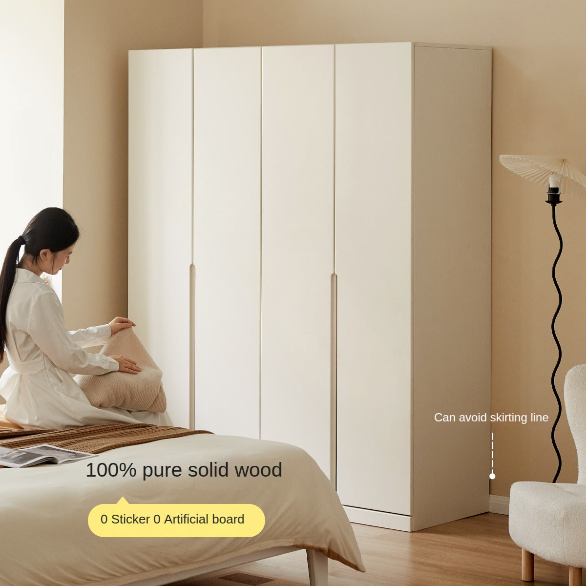 Solid Rubberwood Cream Style Nordic Wardrobe.