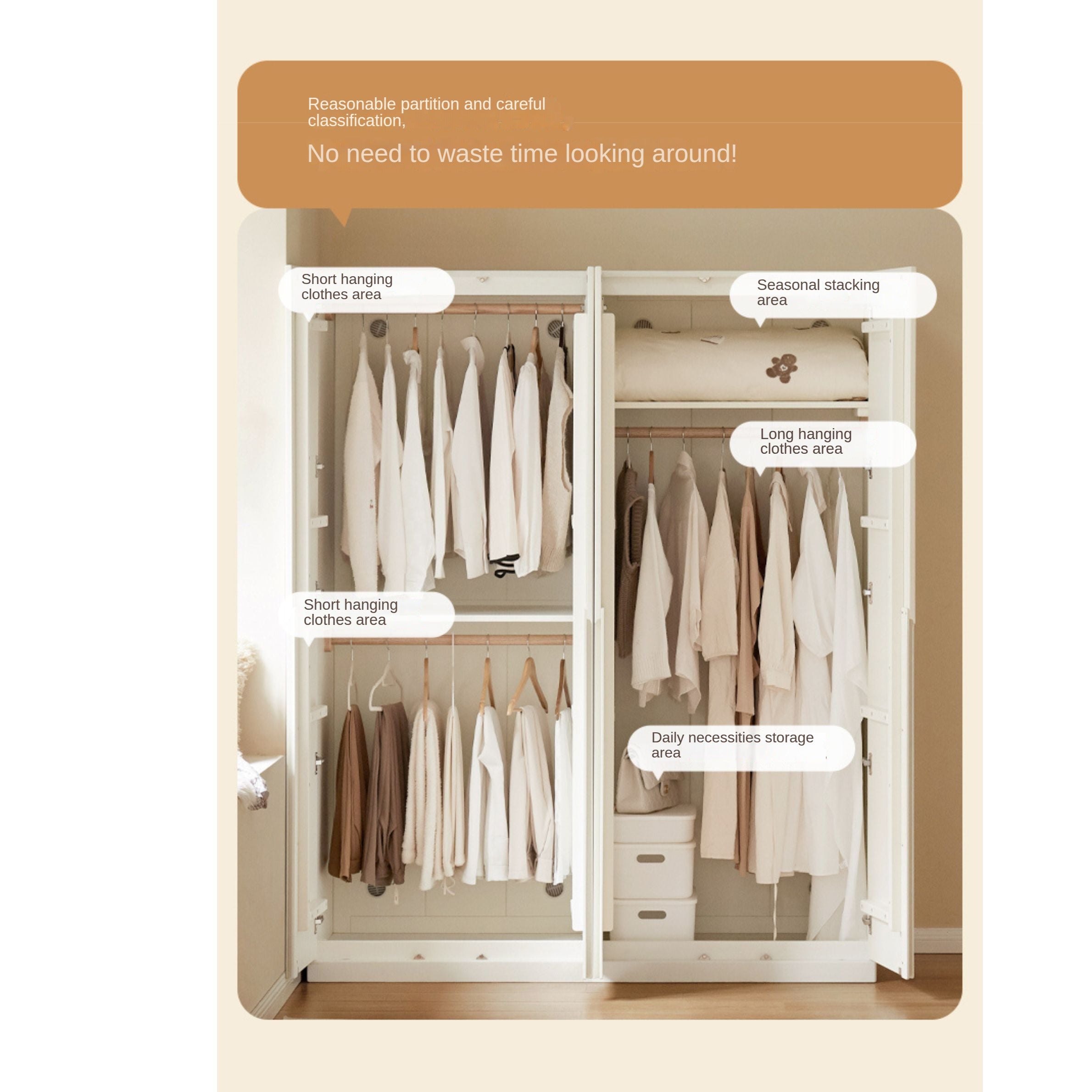 Beech, Rubber Solid Wood Cream Style Nordic Wardrobe