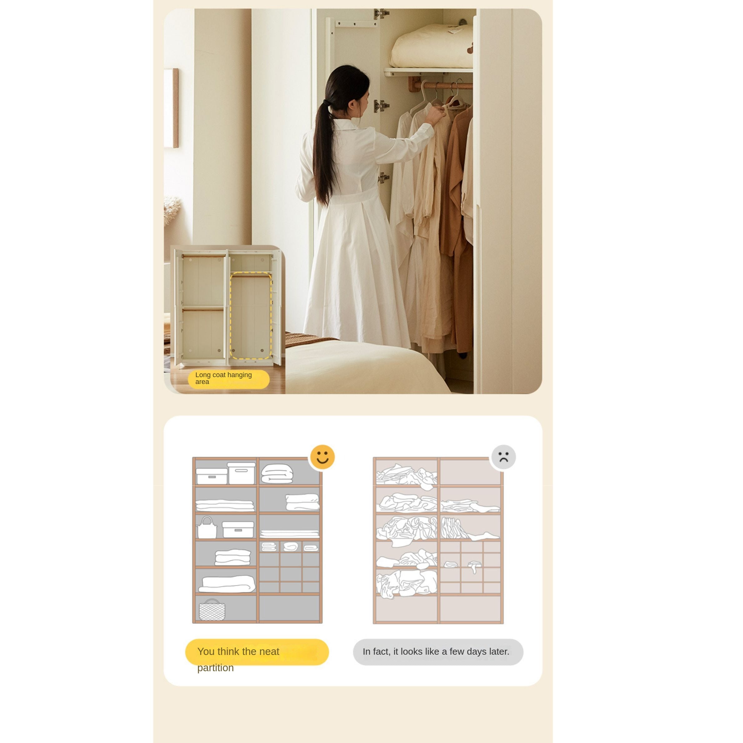 Solid Rubberwood Cream Style Nordic Wardrobe.