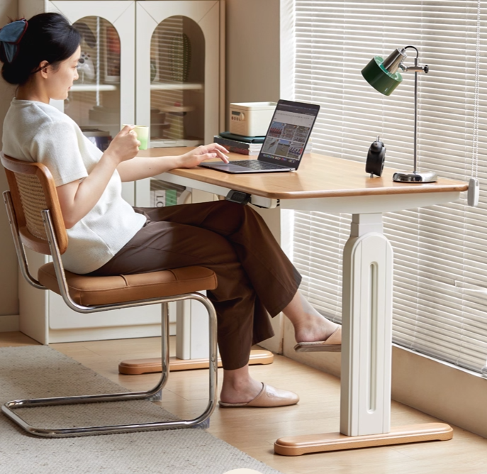 Beech Solid Wood Cream Style Study Electric Lift Desk.
