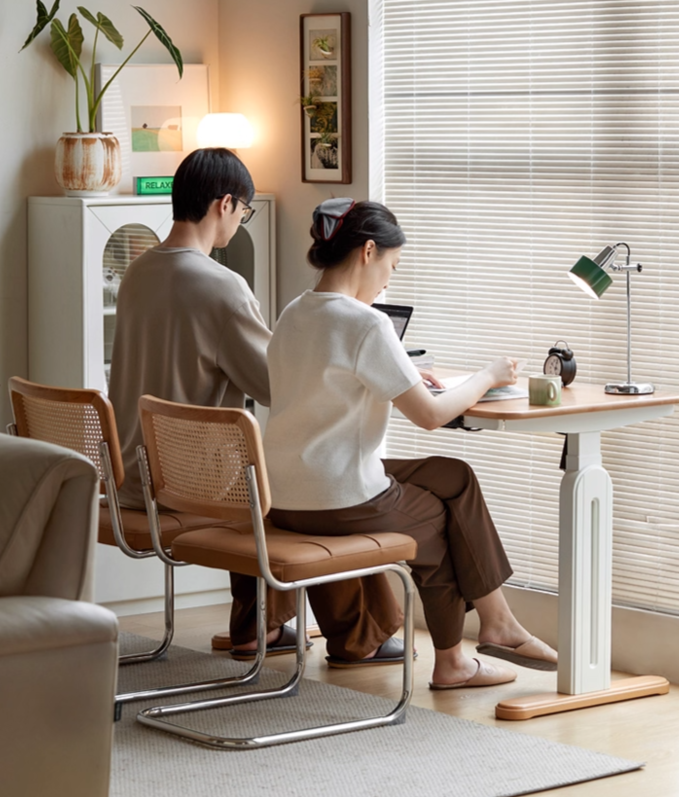 Beech Solid Wood Cream Style Study Electric Lift Desk.