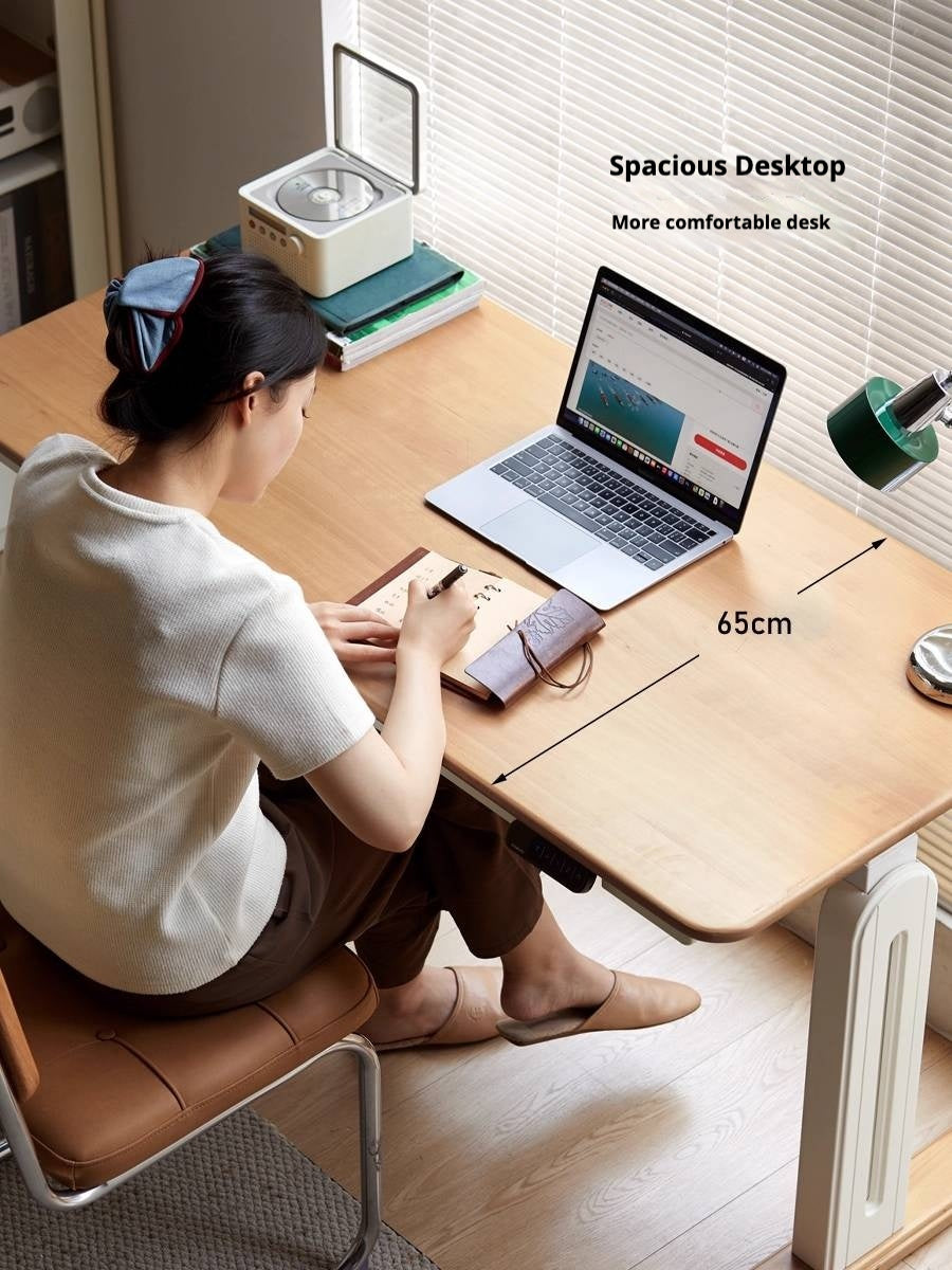 Beech Solid Wood Cream Style Study Electric Lift Desk.