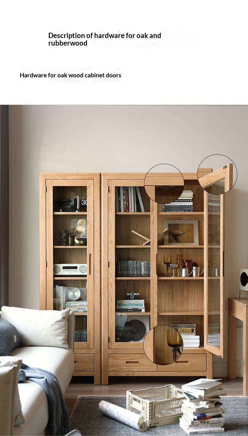 Oak, Solid Rubberwood Modern Bookcase with Glass Door Display Cabinet