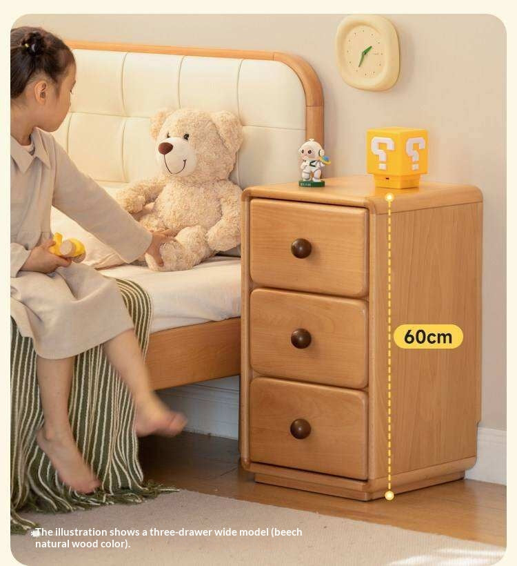 Solid Rubberwood, Beech Solid Wood Cream Style Ultra-narrow Children's Nightstand