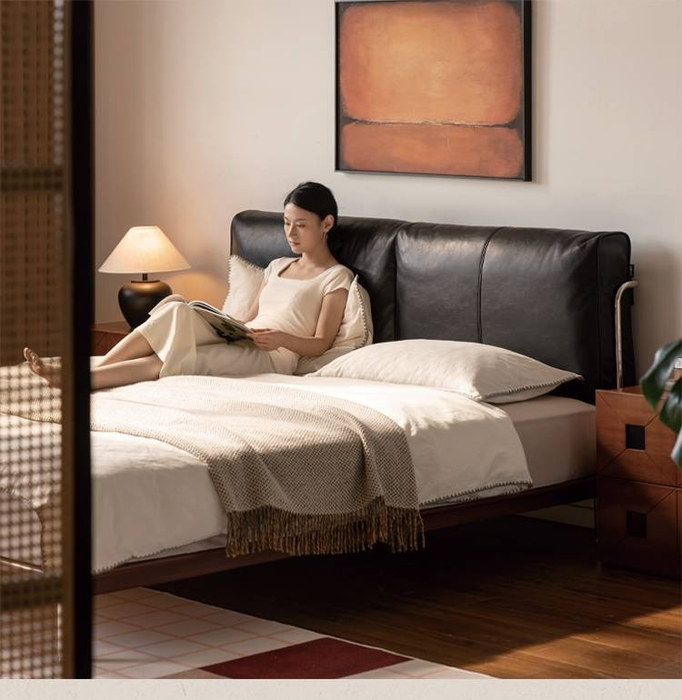 Genuine Leather Bauhaus Style Double Bed with Top Grain Cowhide Soft Backrest