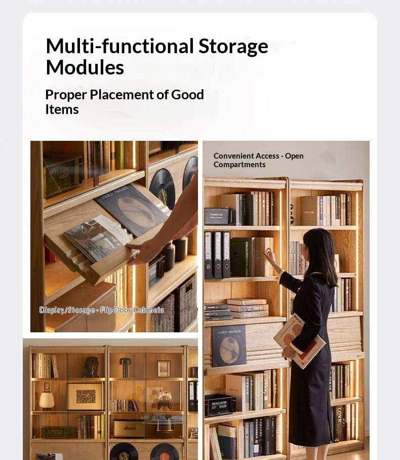Oak Solid Wood Display Bookcase with Wall-Mounted Option and Storage Cabinet