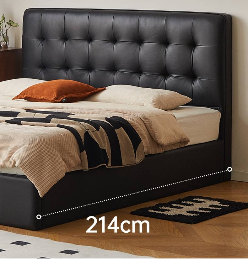 Genuine Leather Retro Box Bed — Black Upholstered, Simple Design